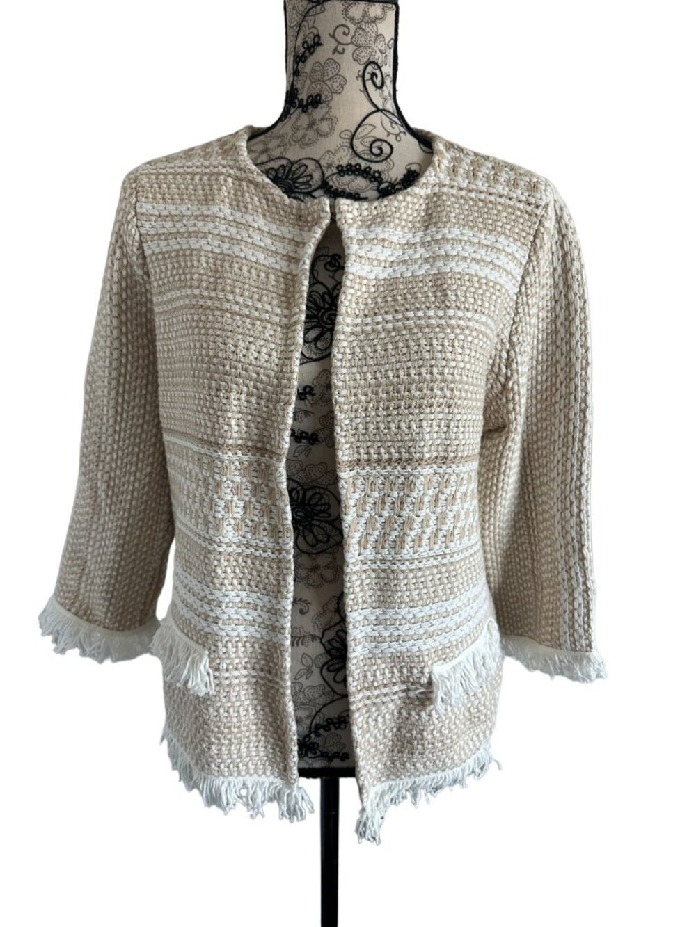 CHICOS Beige Cream Knit Woven Jacket Blazer Size Medium